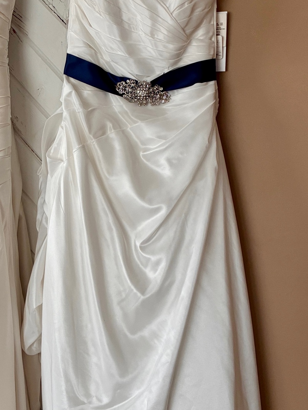 David's Bridal White Satin Wedding Dress with Navy Sash and Rhinestone Accent